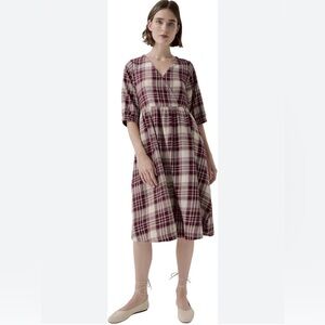 Pact Burgundy and Cream Plaid Cross Front Flannel Midi Dress NWOT Size XL